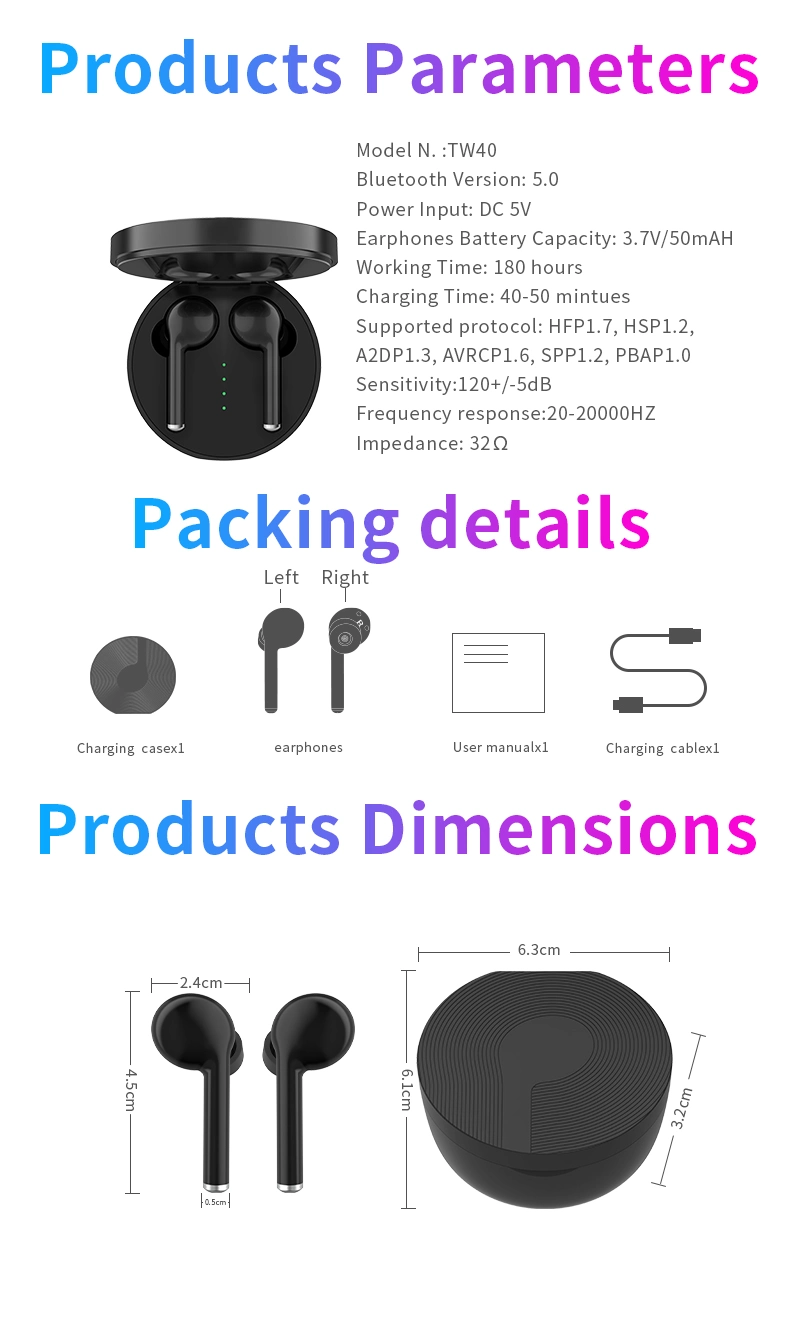 Headset Best Tws 5.0 HiFi Sound Quality Earphones Headphones True Stereo Wireless Earbuds Tw40 Tw50