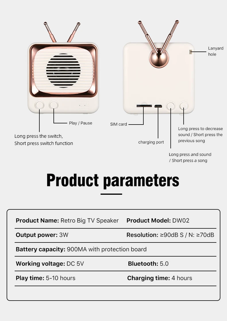 Dw02 Retro TV Look Bluetooth 5.0 Speaker/TF Radio Rechargeable Bluetooth Speaker