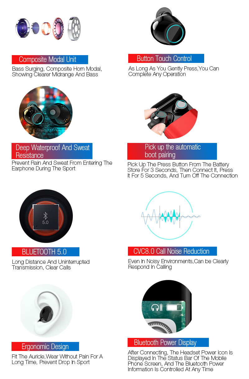 Bluetooth Headphones Tws Earbuds Wireless Bluetooth Earphones Stereo Headset Bluetooth Earphones