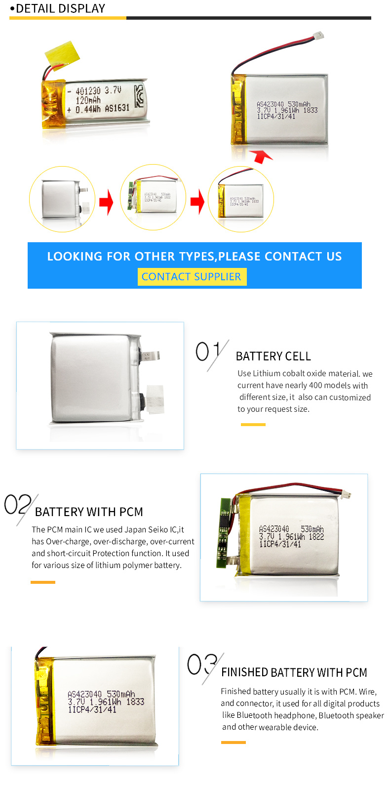 503030 3.7V 430mAh Lithium Polymer Battery for Bluetooth Headset