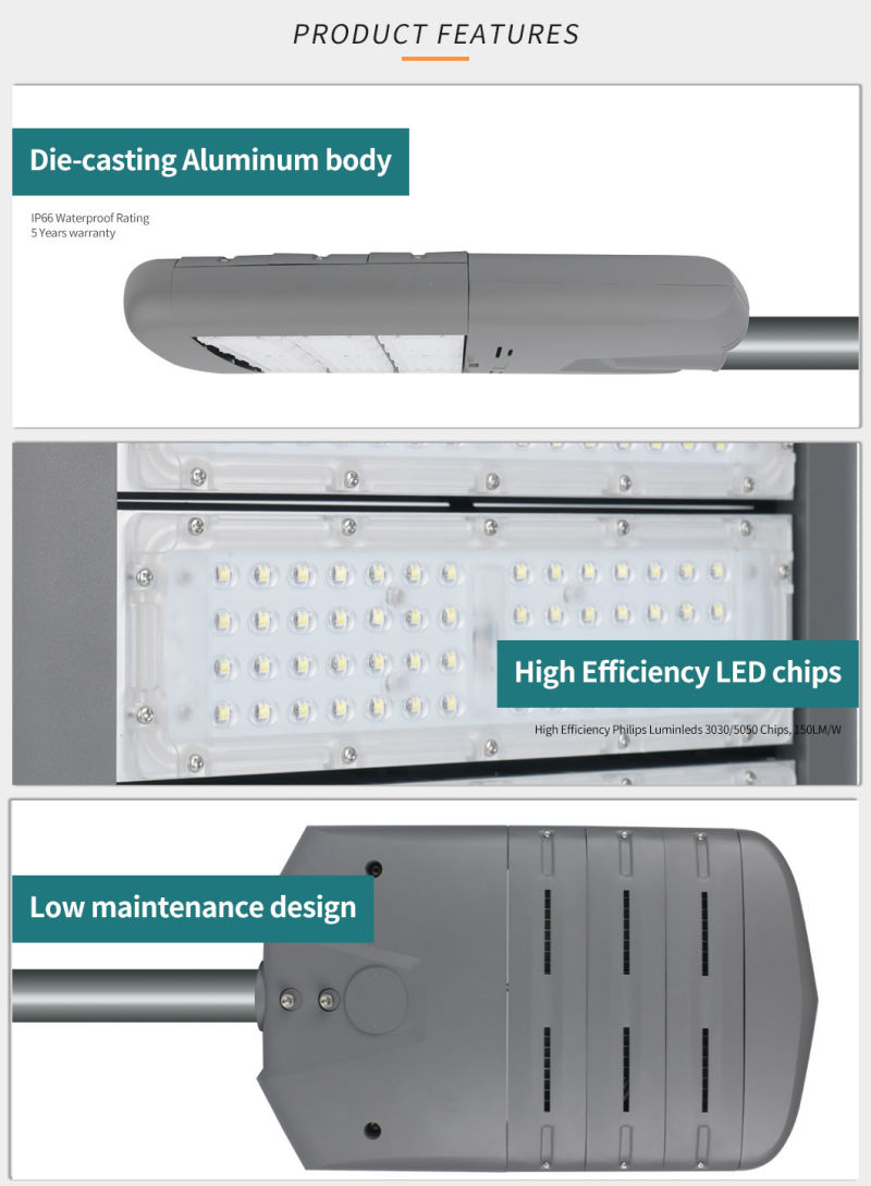 LED Street Lights Professional Optic PC Lens Lumileds Chip 150lm/W Aluminum Casting