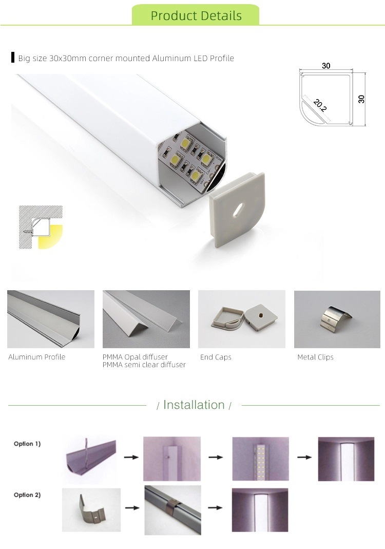 30X30mm China Supplier LED Tape Diffusion Corner LED Channel Aluminum LED Profile