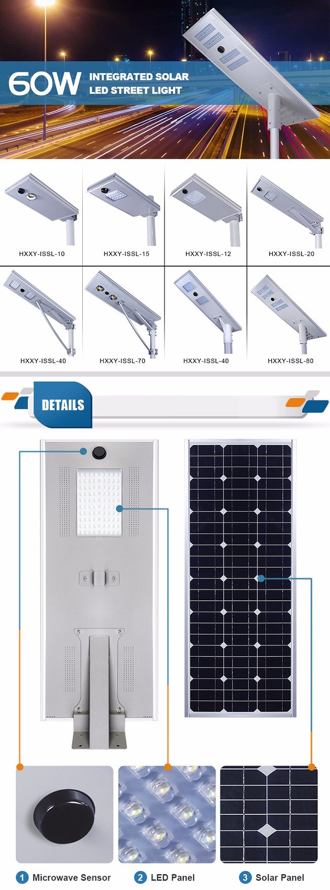 High Efficiency IP65 Outdoor Waterproof Aluminum LED Solar Street Light 70W