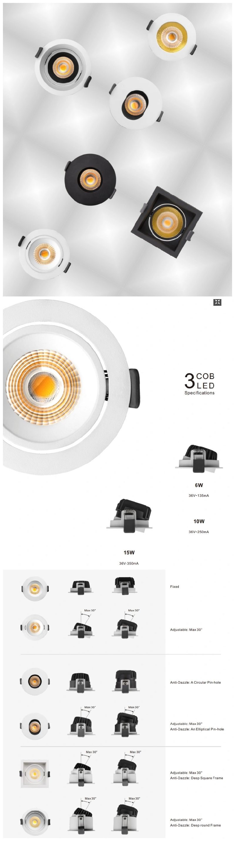 Venezina New LED Adjustable Spotlight COB LED Down Light Recessced LED Downlight for Optional