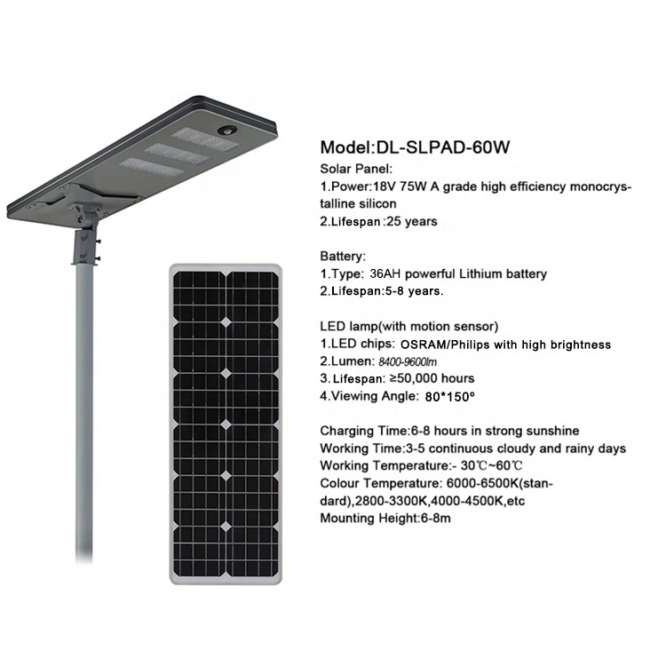 2020 Aluminium Lamparas Energia Solar LED Street Lights 60W with 6m Pole
