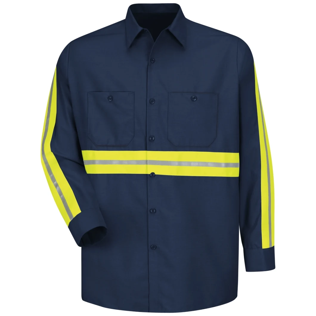 Enhanced Visibility Industrial Work Shirt Long Sleeve Navy Hi Vis Breathable Shirt Workware Reflective Safety Shirt