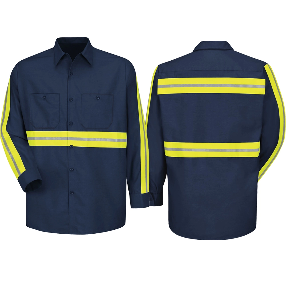 Enhanced Visibility Industrial Work Shirt Long Sleeve Navy Hi Vis Breathable Shirt Workware Reflective Safety Shirt