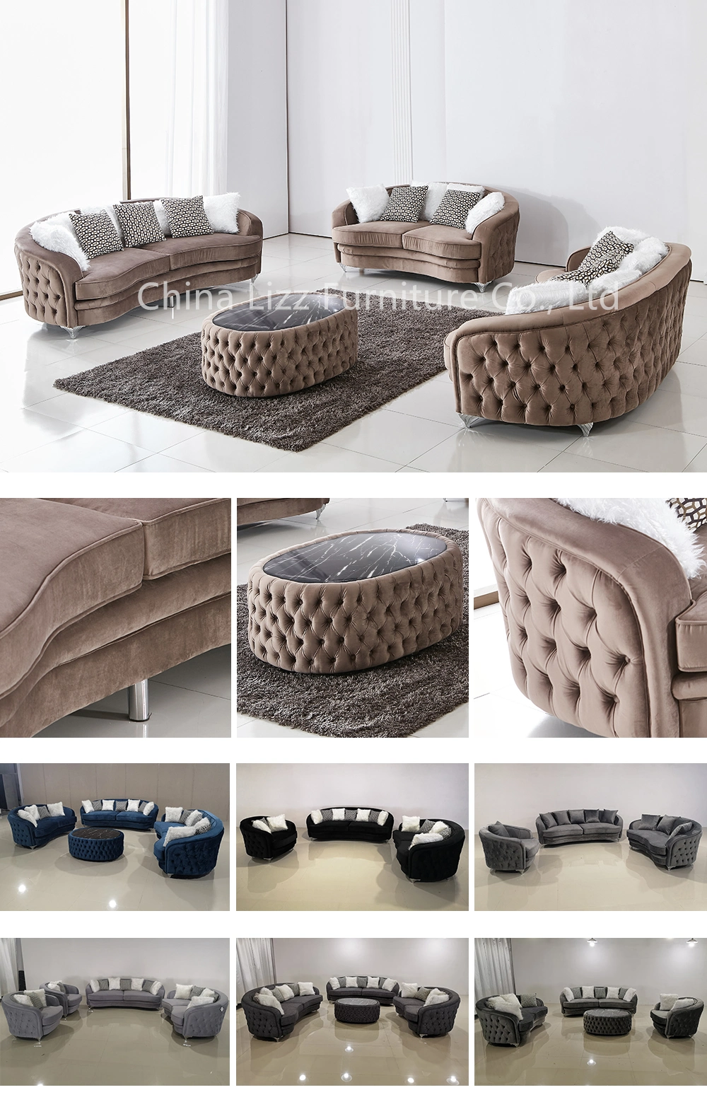 American Modern Living Room Furniture Set Velvet Fabric Curved Sofa Lounges