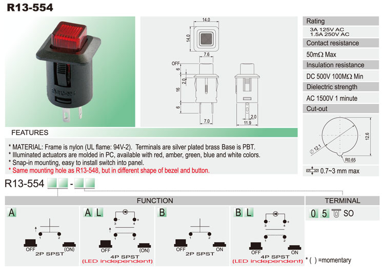 off on Quick Connect Push Button Switch with UL Certificated