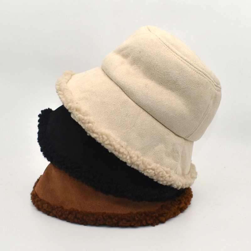 Suede Chunky Traditional Plaid Plush Wool Fur Soft Thicken Warm Winter Bucket Hat Cap