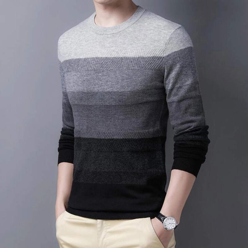 Spring Autumn Mens Slim Striped Jumper 100% Wool Pullovers Sweater