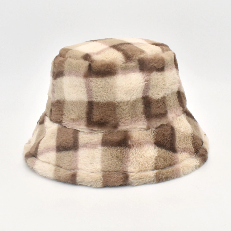 Fashion Unisex Sartorial Chunky Traditional Plaid Plush Wool Fur Soft Thicken Warm Winter Bucket Hat Cap