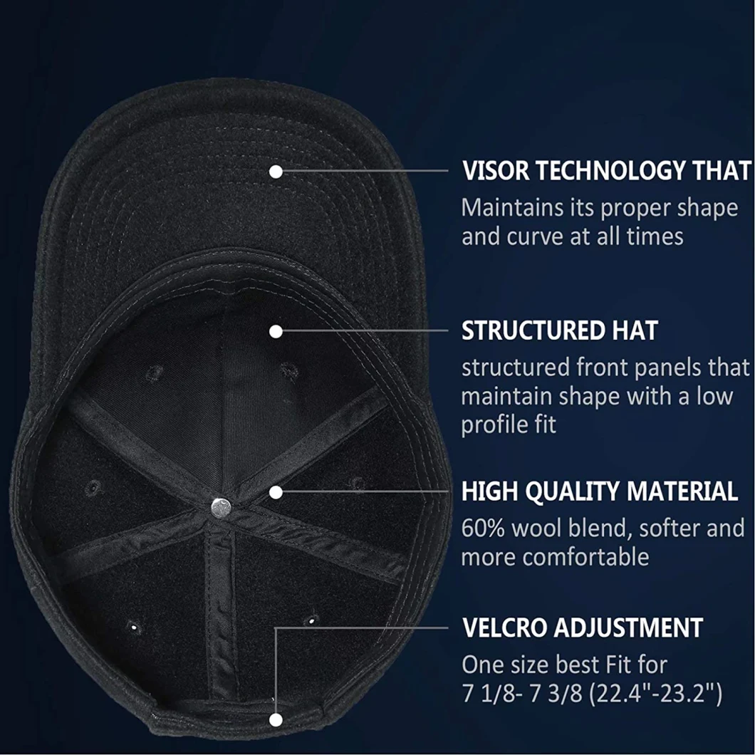 Deep Black Warm Wool Baseball Caps 60% Wool Adjustable Size