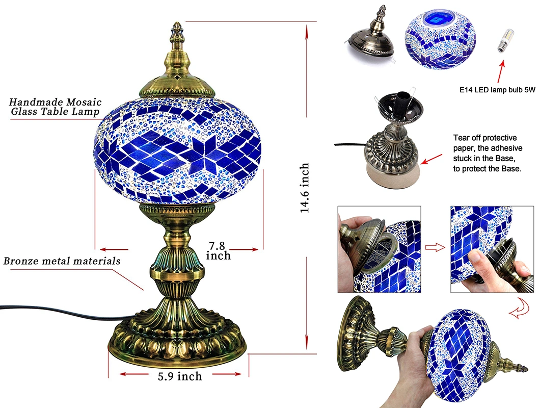 Mosaic Lamp - Handmade Turkish Mosaic Table Lamp with Mosaic Lantern (Blue, White) - Large