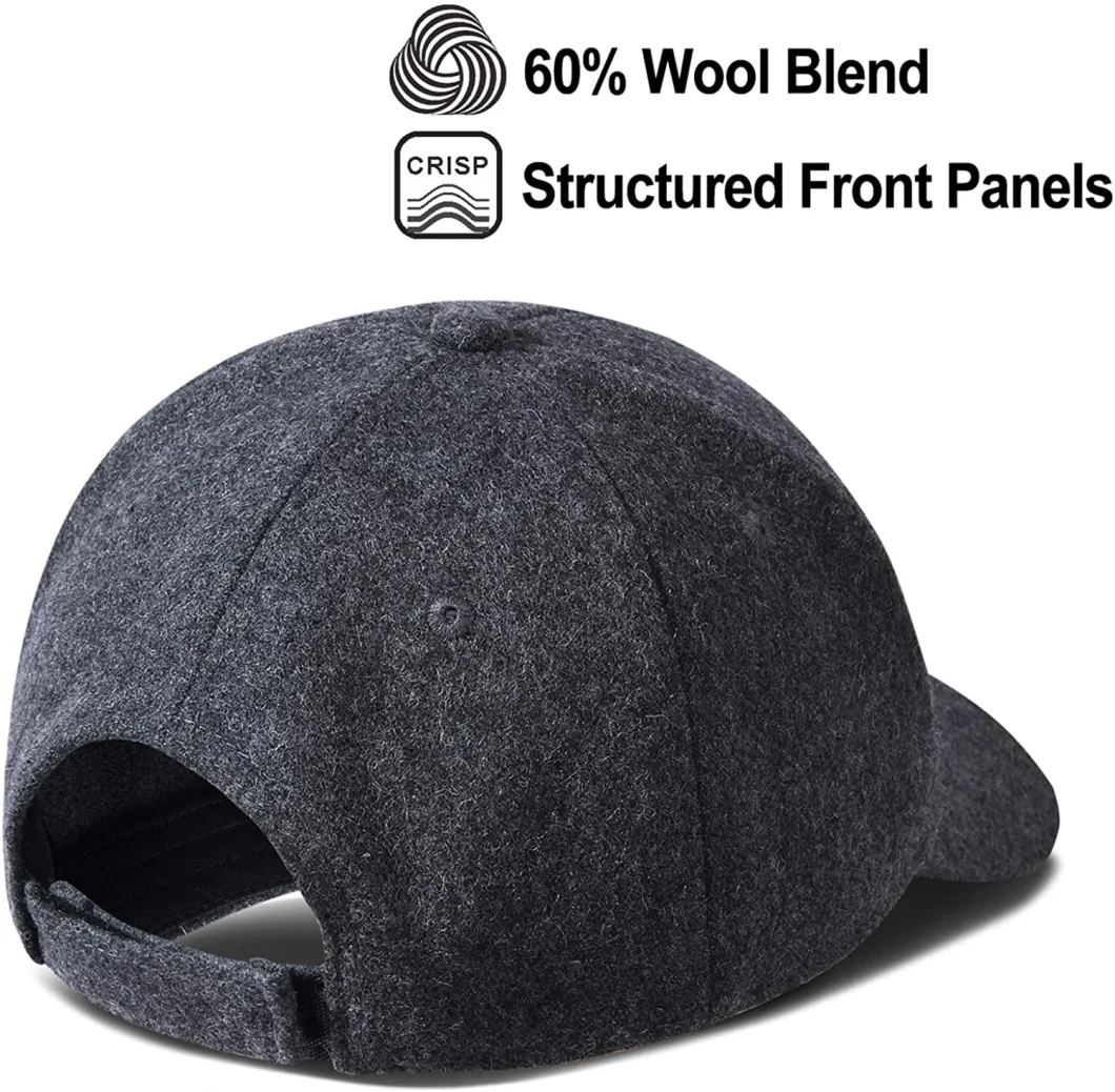 Grey Warm Wool Baseball Caps 60% Wool Adjustable Size