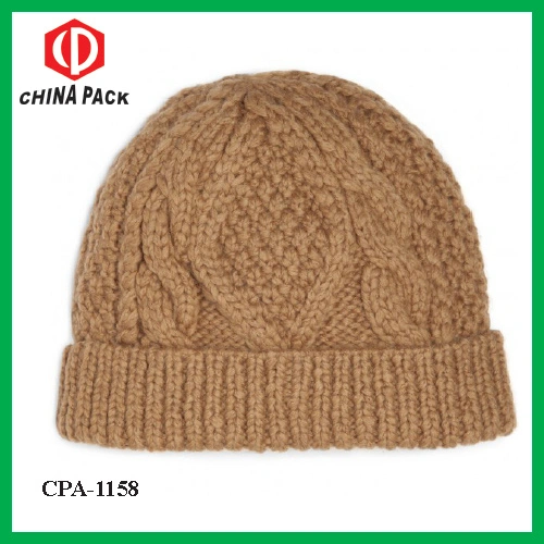Soft Wool-Blend Cable Knit Beanie Hat in Camel (CPA-1158)