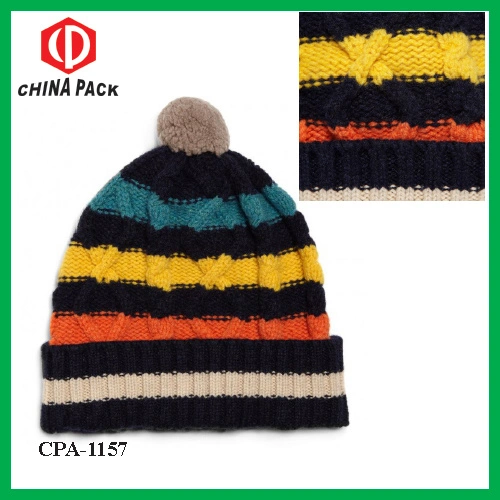 Striped Wool Navy Chunky Knit Bobble Hats (CPA-1157)
