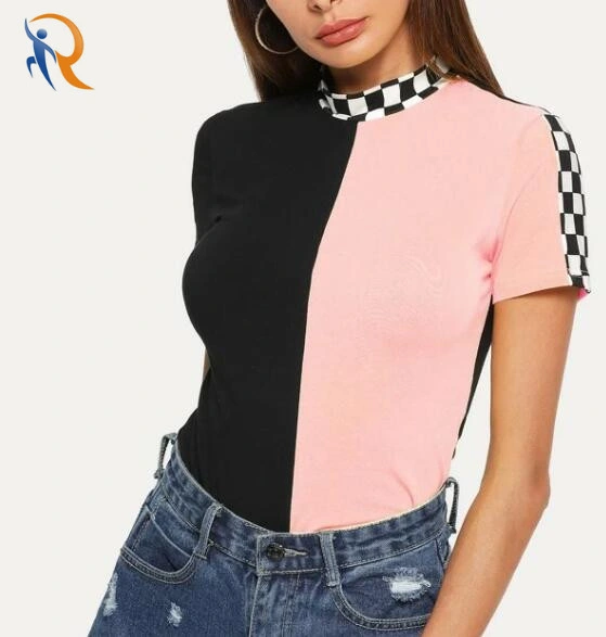 Mock Neck Checkerboard Tape Top Women Two Tone Design T Shirt Rtm-164