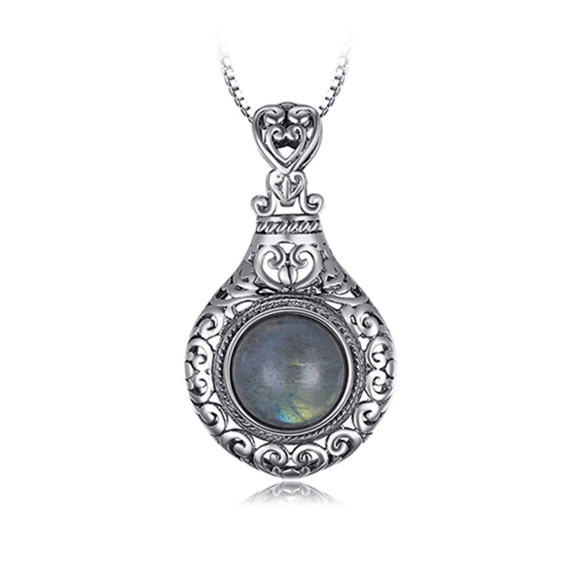 Vintage 925 Sterling Silver Tibetan Pendant Carved Pendant Labradorite Pendant