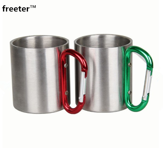 Double Wall Stainless Steel Coffee Cup with Carabiner Hook Handle Cup for Camping Travelling 220ml