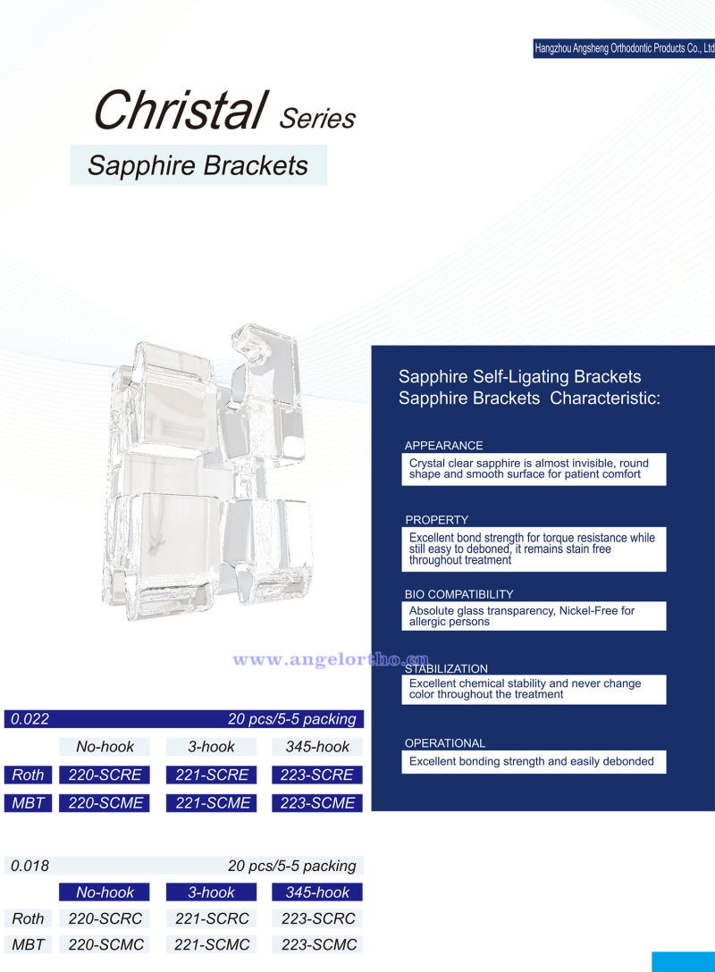 Orthodontic Sapphire 022/018 Mbt Brackets with No-Hook/3 Hook/345 Hook