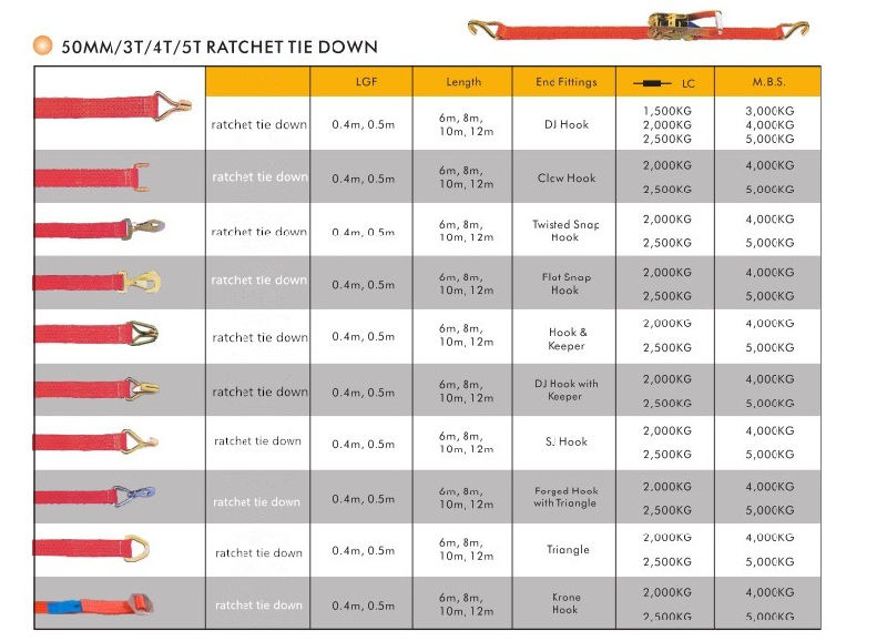 Ratchet Tie Down 50mm 5t Flat Hook Lashing Strap