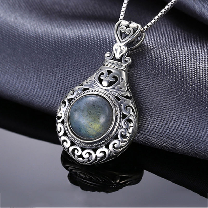 Vintage 925 Sterling Silver Tibetan Pendant Carved Pendant Labradorite Pendant