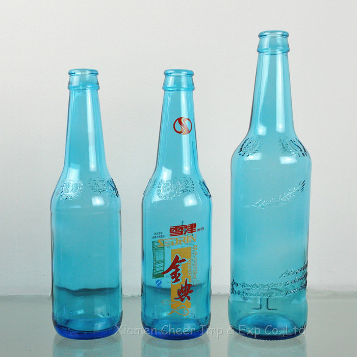 330ml/500ml/640ml Blue Color Glass Beer Bottles with Printing