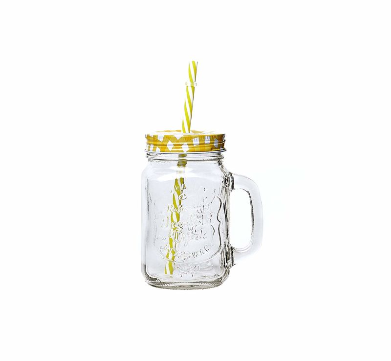 Glass Mason Cup Juice Glass Bottle with Color Striped Cover