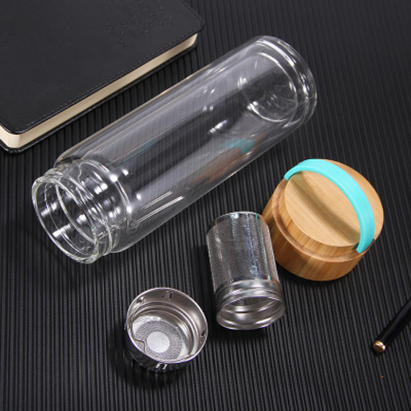 Double Wall Glass Bottle, High Borosilicate Bottle with Cover