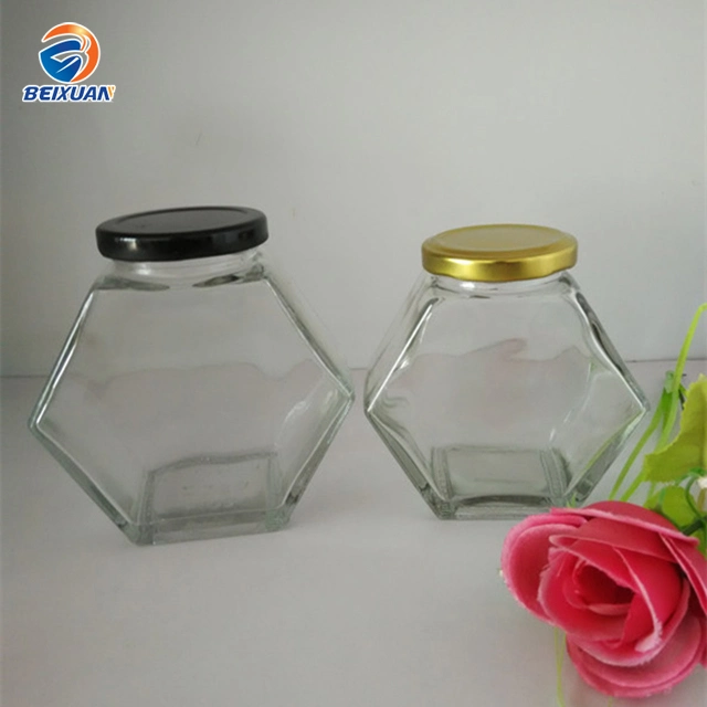 Hot Sale Wholesale 380ml Hexagon Glass Honey Jars with Tinplate Cover