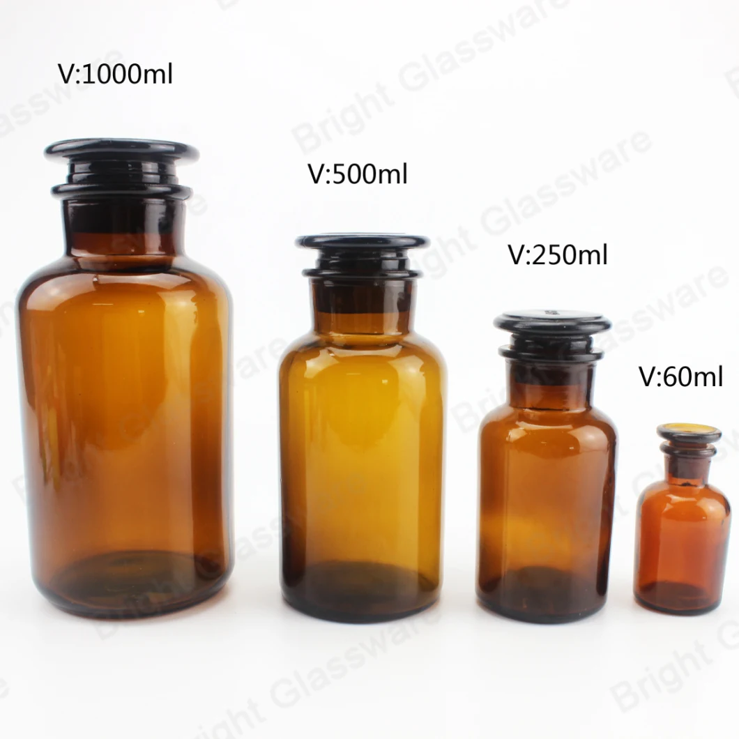 Wholesale 500ml 1000ml Amber Pharmacy Glass Reagent Bottles with Glass Lid