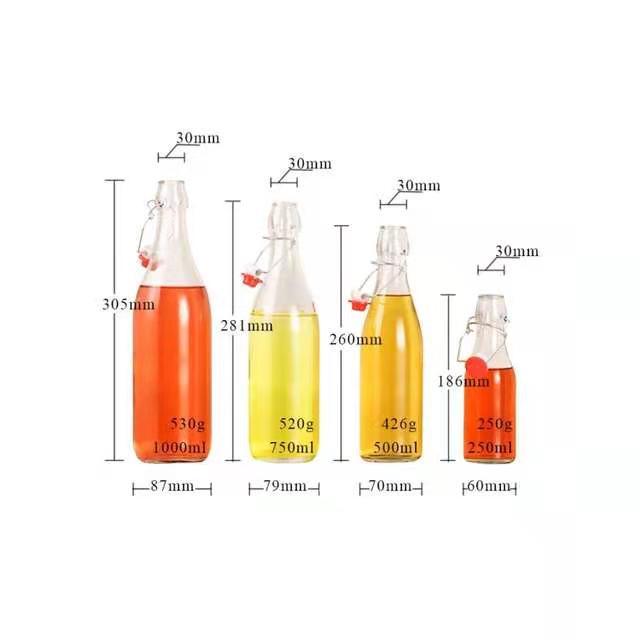 Clear Glass Bottle with Hermetic Lid Stopper 250ml 500ml 750ml 1000ml Swing Top Beverage Bottles