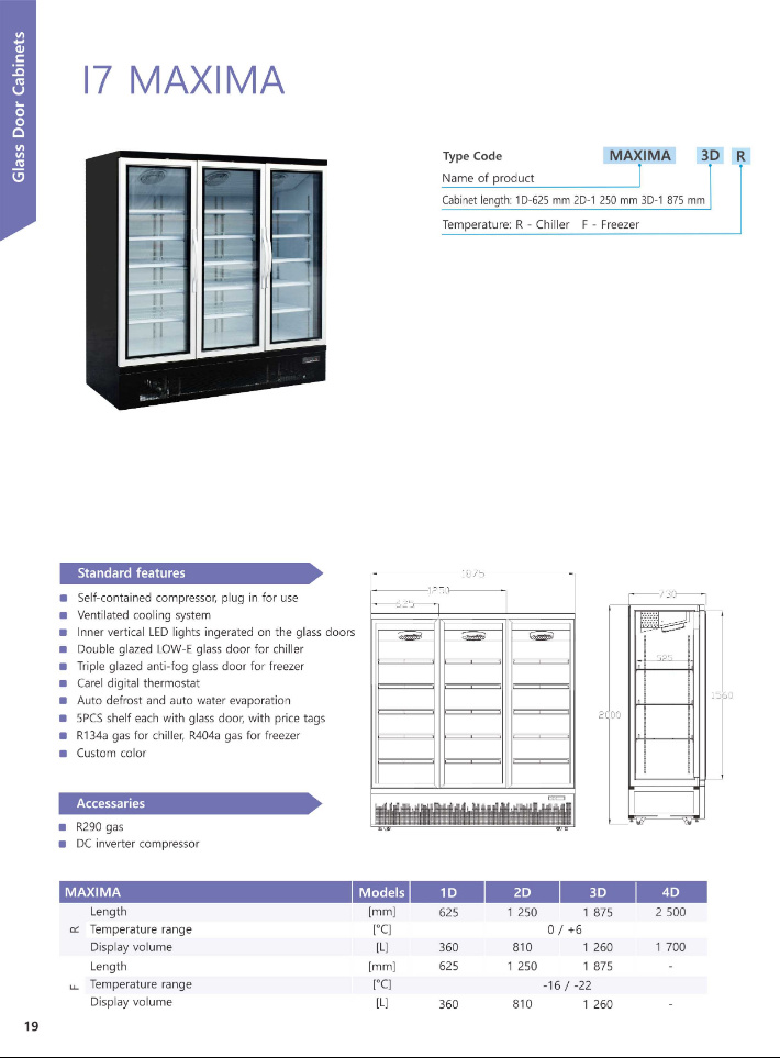 1260L Three Glass Door Display Freezer for Frozen Foods in Supermarket