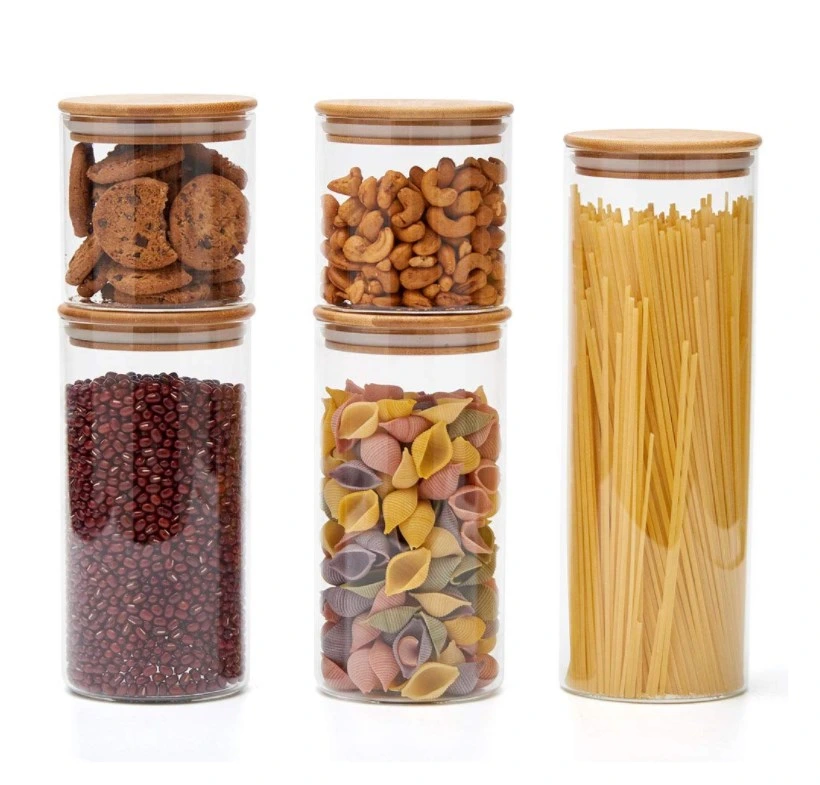 5 Piece Clear Glass Food Storage Jars Set with Natural Bamboo Lids