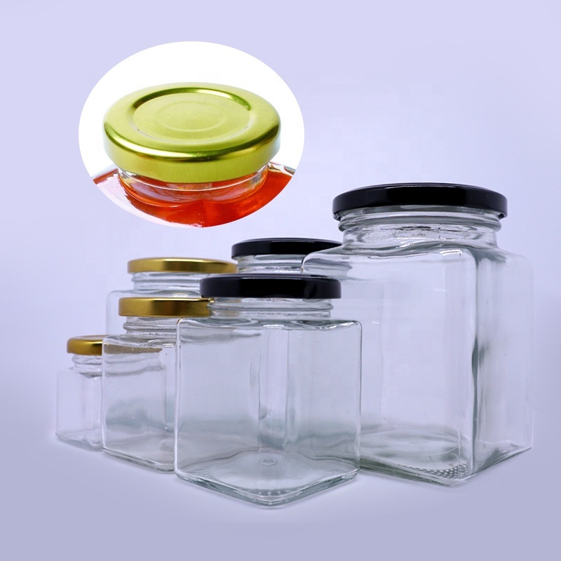 50g-1000g Square Shape Empty Glass Jar/Honey/Jam Jar Pickle Glass Bottle with Tin Lid