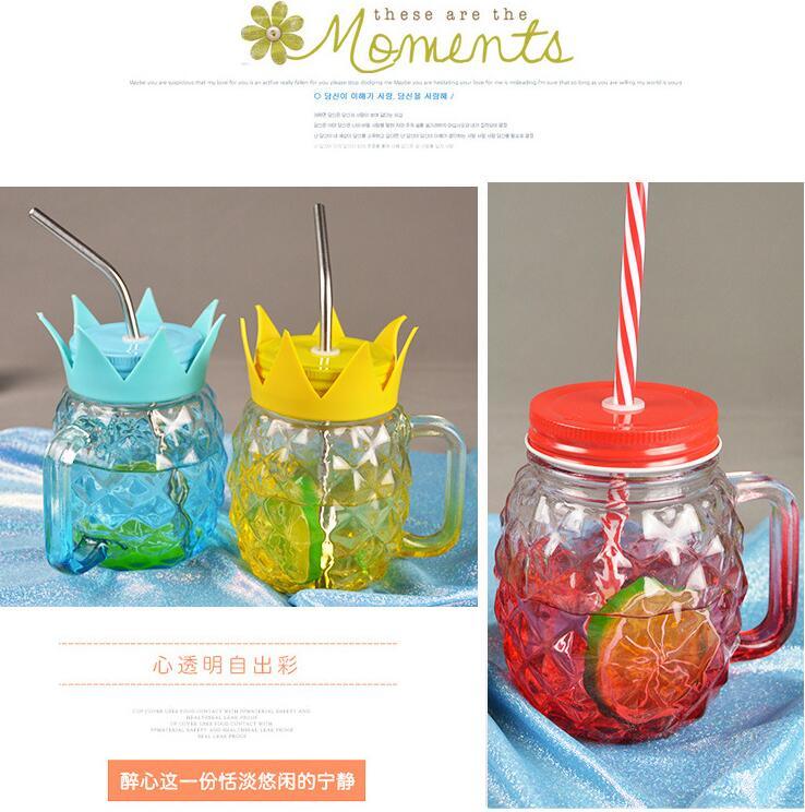 Pineapple Shape Glass Mason Jar with Straw and Leaf