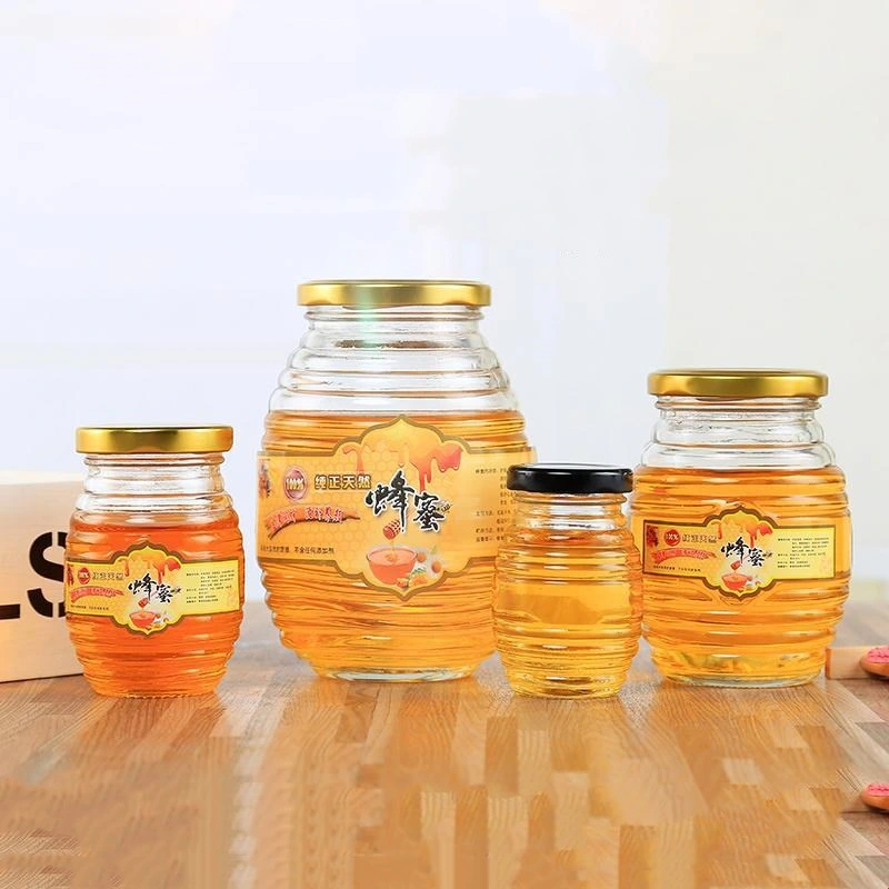 Bee Shape Empty Clear 100ml 250ml 500ml 1000ml Glass Honey Jam Pickles Jars&Bottles with Metal Lid Storage Glass Jar