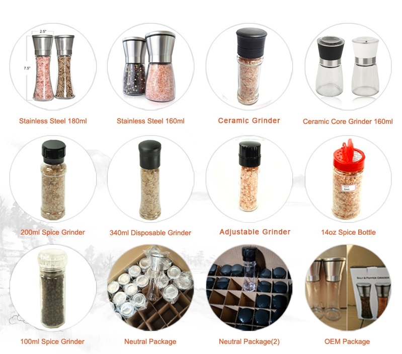 180ml Glass Spice Bottles with Stainless Steel Grinder Lid