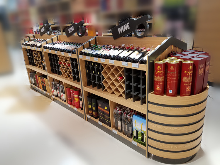 Retail Shop Wine Liquor Store Wooden Metal Wine Bottle Display Stand Shelf Rack