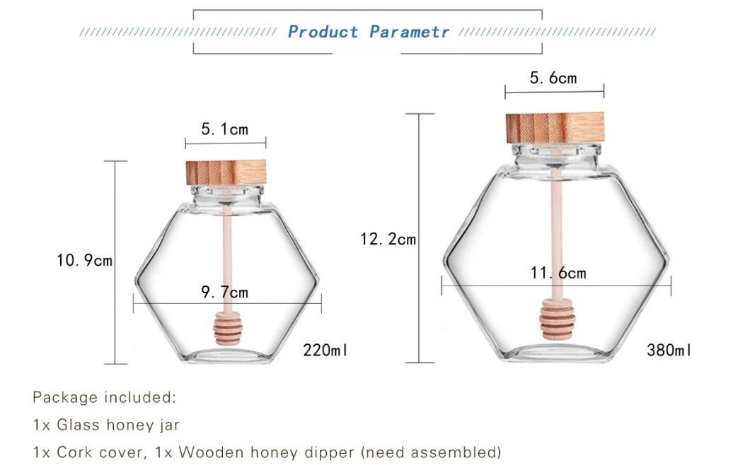 Flat Hexagon Glass Jar 380ml Honey Jar with Wooden Lid