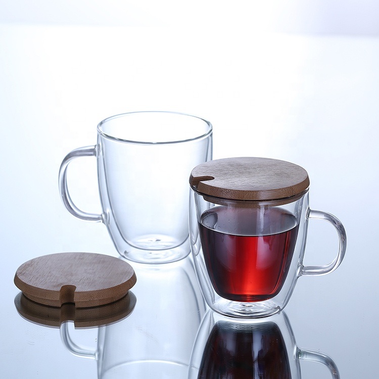 Heat-Resistant Double Wall Glass Coffee Mugs with Wooden Lid