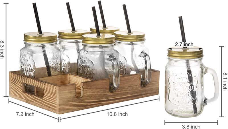 Set of 6 Glass Mason Mug Glass Jars with Lids and Wood Caddy for Gift