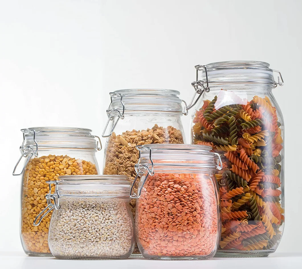 5-Piece Airtight Glass Storage Jars Set with Clear Glass Clip Top Lids