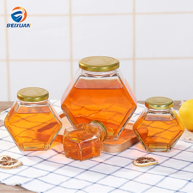 Wholesale 280ml Hexagon Glass Honey Jars with Tinplate Lids