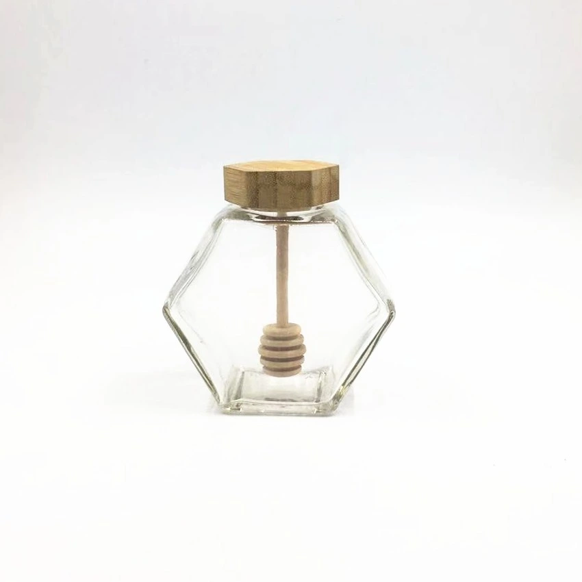 Food Storage Glass Jar Hexagonal 220ml 300g 500g 380ml Glass Honey Jars Jam Jar with Wood Bamboo Lid