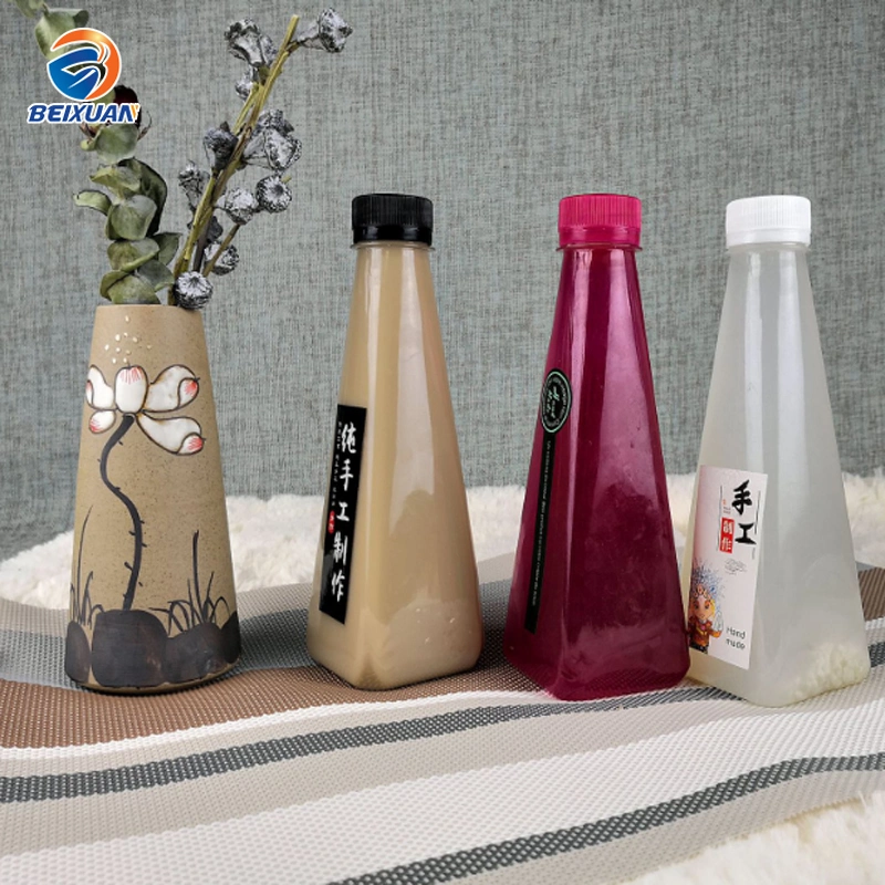 300ml Triangle Fruit Juice Bottle Pet Plastic Bottle with Label