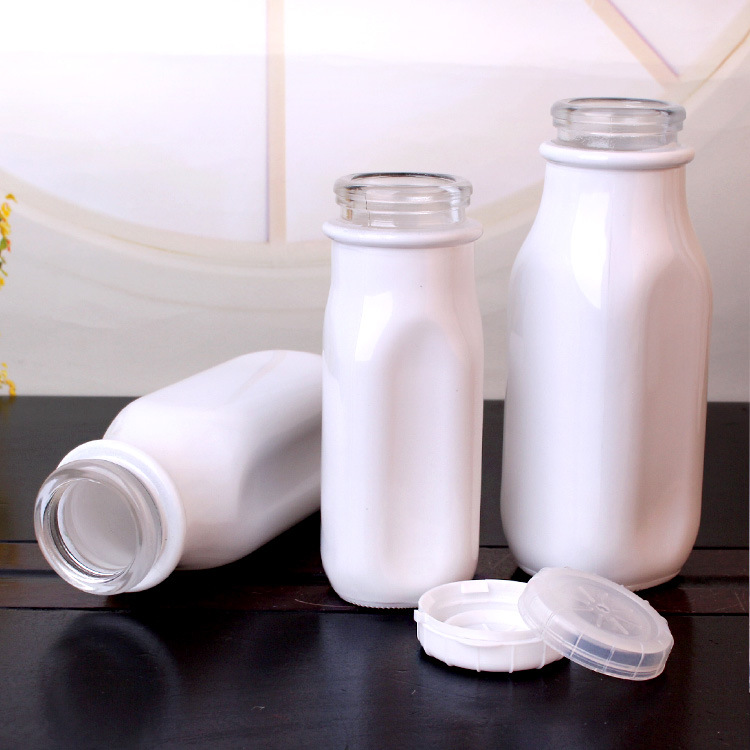 240ml Square White Glass Milk Juice Bottles with Cap