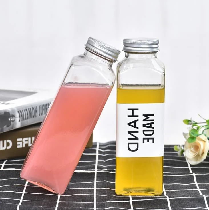 Clear Glass Square Bottles with Aluminum Lid Beverage Glass Packing