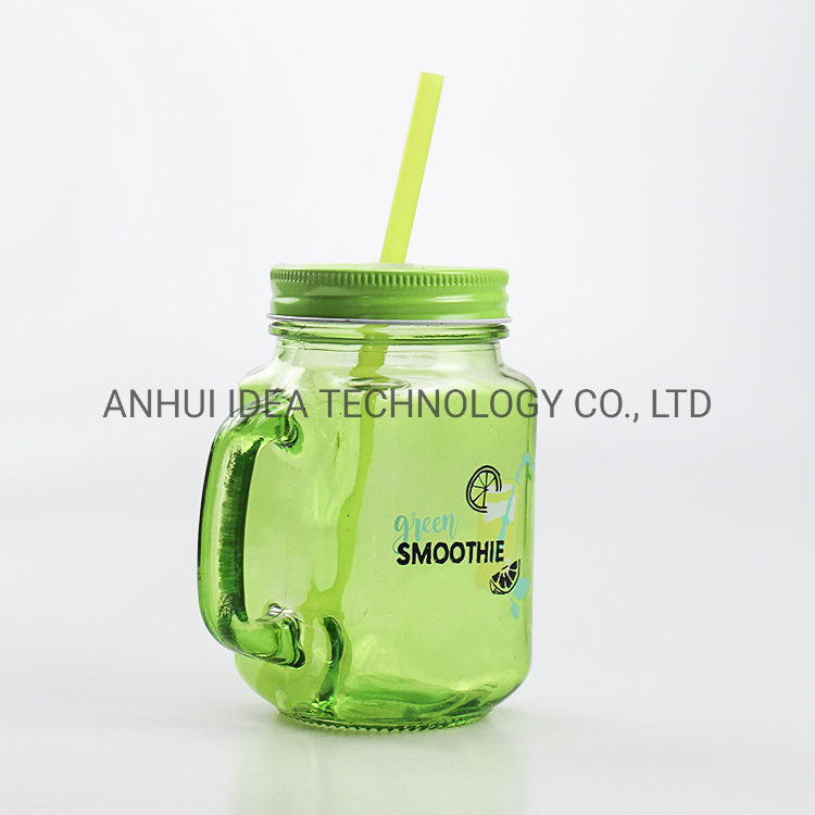 500ml Ice Cold Drink Colored Glass Mason Jar with Straw Metal Lid